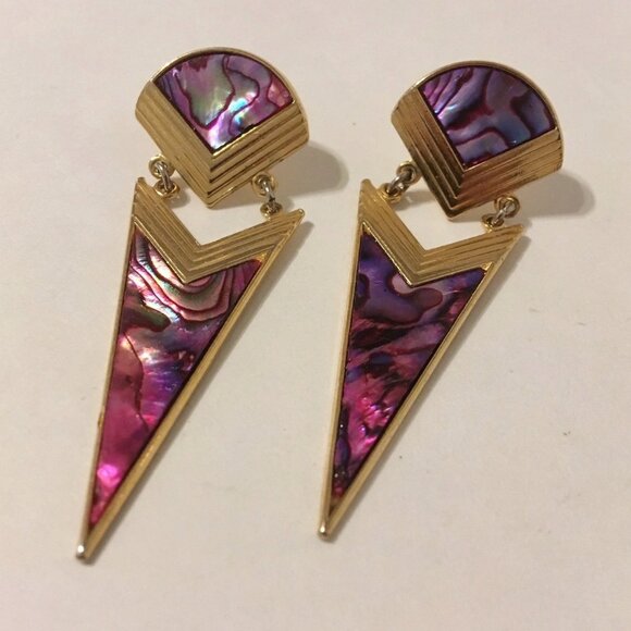 Chevron Earrings Pink Purple Mother Of Pearl Gold Tone Metal Pierced Post Dangle - Picture 2 of 8